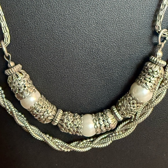 Silver Tone Chain and Faux Pearl layered Necklace with Organic Design - Picture 12 of 15